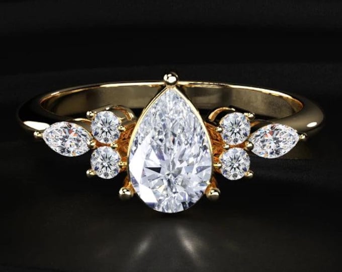 Pear Cut Lab Grown Diamond Engagement Ring, Marquise Leaf Diamond Ring, Nature Inspired Pear Solitaire Ring, 14K Gold Bridal Ring