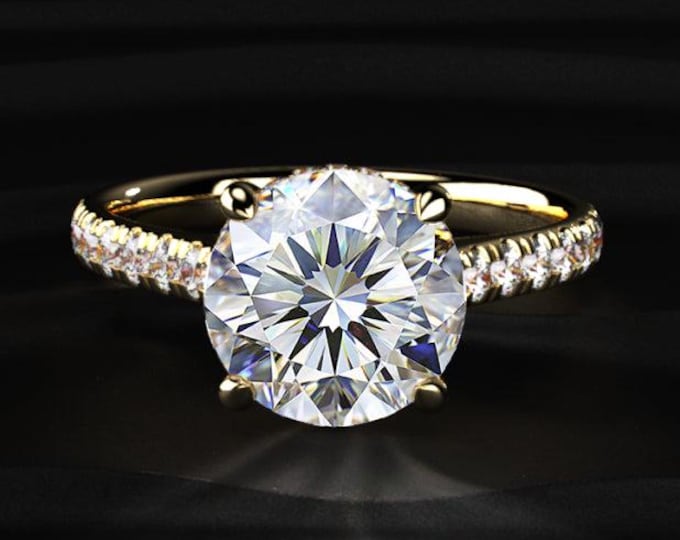Round Cut Lab Grown Diamond Ring, Hidden Halo Engagement Ring, Pave Band Diamond Ring, Solitaire Gold Ring, Wedding Gift For Her
