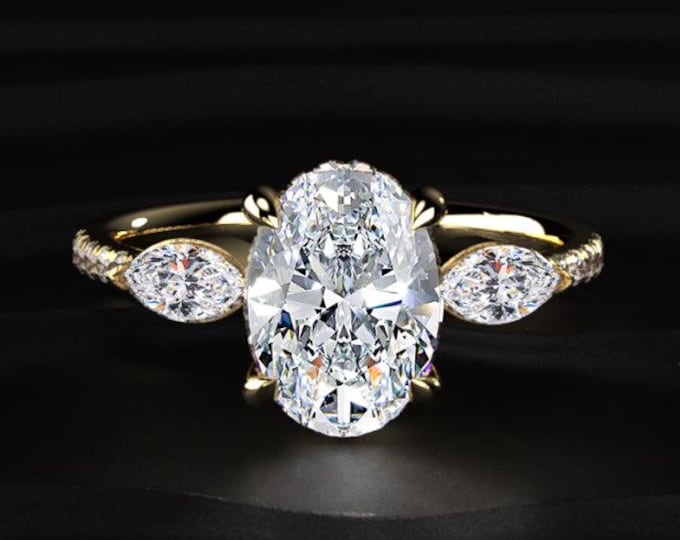 2CT Oval Three Stone Lab Grown Diamond Ring, Marquise Side Stone Engagement Ring, 14K Solid Gold Bridal Ring, Anniversary Gift For Her