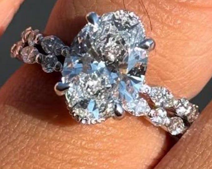 3 Carat Oval Moissanite Engagement With Diamond Band Wedding Ring Set For Women in 14K Solid Gold, Available White Gold and Rose Gold