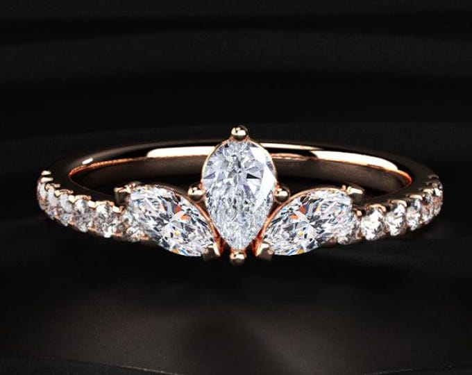 Marquise Diamond Engagement Ring, Three Stone Ring, Pave Band Ring, Lab Grown Diamond Ring, Dainty Bridal Ring Gift for Her