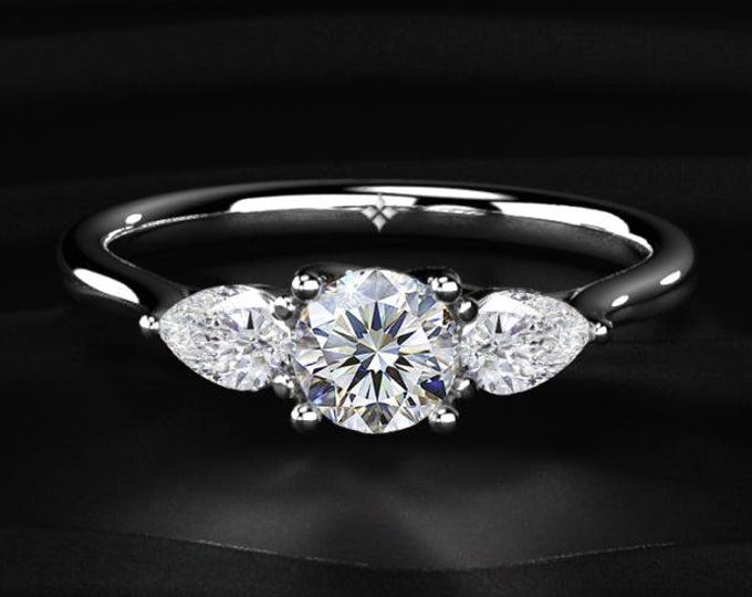Round & Pear Diamond Ring, Three Stone Engagement Ring, Lab Grown Diamond Ring, Unique Bridal Ring, Minimal Wedding Ring Gift