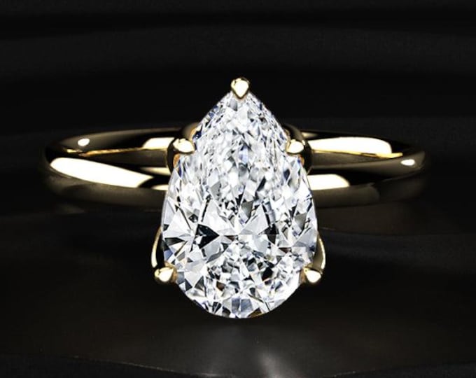 Pear Cut Diamond Engagement Ring, Solitaire Lab Grown Diamond Ring, Hidden Diamond Gallery Ring, Gold Minimal Bridal Ring