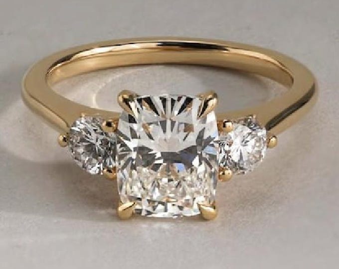 2 CT Elongated Cushion Cut Moissanite , Gold Engagement Ring, Three Stone Ring, Wedding Ring, Anniversary Moissanite Ring Gift For Her