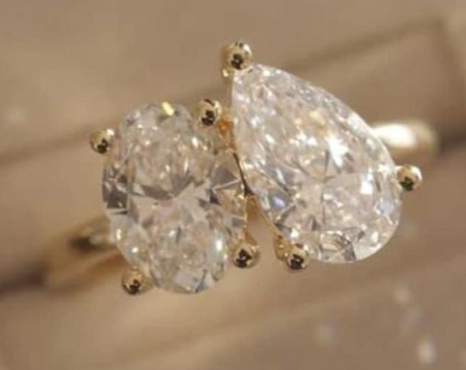 5 CT Yellow Gold Toi Et Moi Engagement Ring | Pear and Oval Cut Moissanite | Vintage Two-Stone Ring | Unique Bridal Jewelry For Her