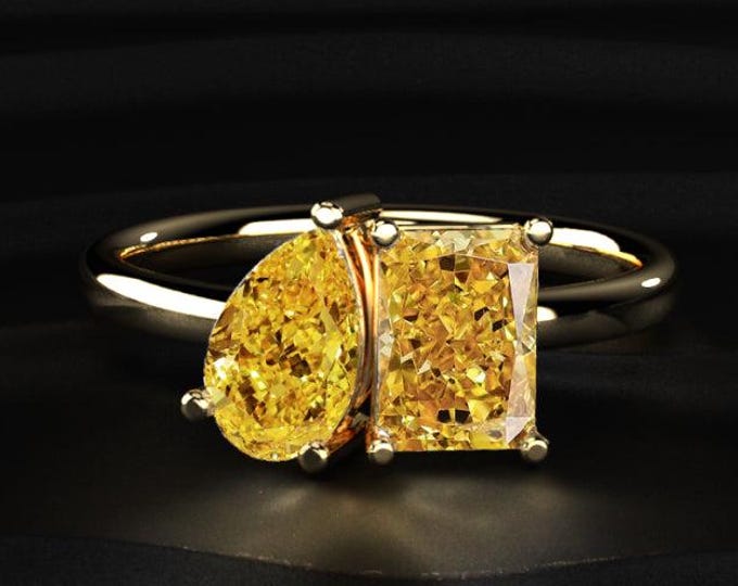 Yellow Toi Et Moi Diamond Ring, Pear and Radiant Cut Lab Diamond Ring, Unique Engagement Ring, Gold Statement Ring, Bridal Jewelry