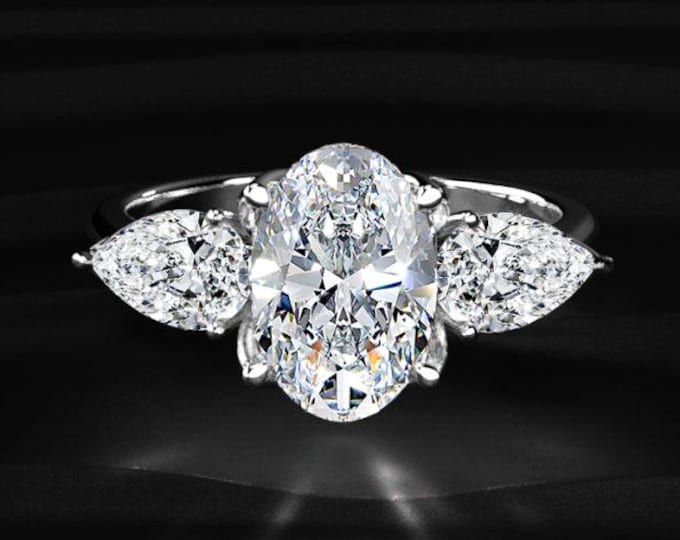 Oval Cut Diamond Ring with Pear Side Stones, Lab Grown Diamond Engagement Ring, Three Stone Bridal Ring, Luxury Gift for Her