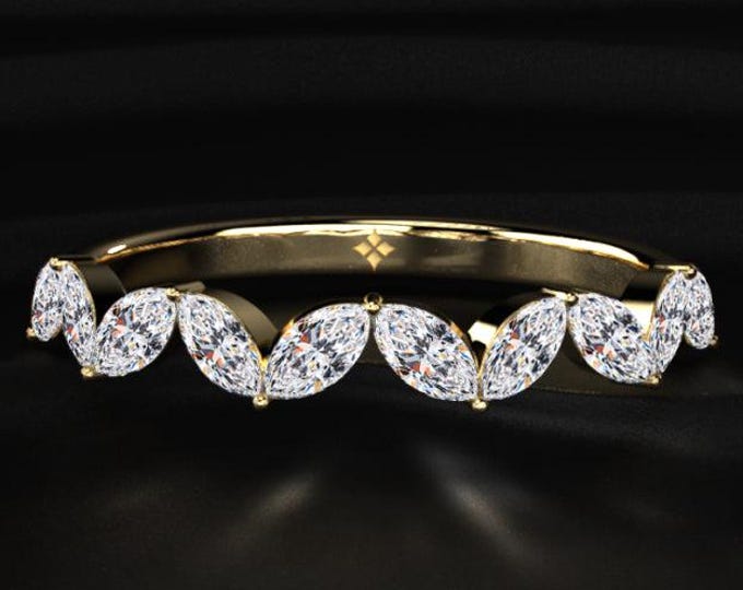 Marquise Diamond Wedding Band, Half Eternity Ring, Lab Grown Diamond Band, Leaf Vine Ring, Stackable Bridal Band, Gift For Her