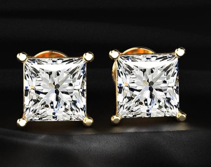Princess Cut Lab Grown Diamond Stud Earrings Square Diamond Studs 4 Prong Gold Solitaire Earrings Bridal Jewelry Gift for Her