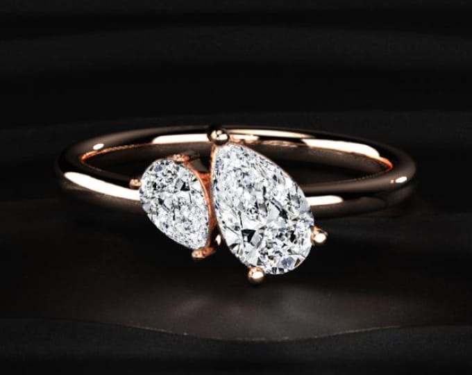 Toi et Moi Pear Cut Lab Grown Diamond Engagement Ring, Two Stone Diamond Ring in 14K Gold, Lab Created Diamond Wedding Ring, Gift for Women