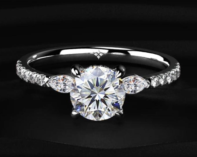 Round Diamond Engagement Ring, Marquise Side Stone Ring, Pavé Band Ring, Lab Grown Diamond Ring, Classic Bridal Ring Gift for Her