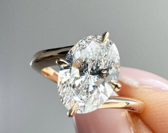 3 CT Oval Cut Moissanite Engagement Ring, 4 Prong Solitaire Oval Engagement Ring, Solid Gold Ring, Oval Moissanite Minimalist Ring