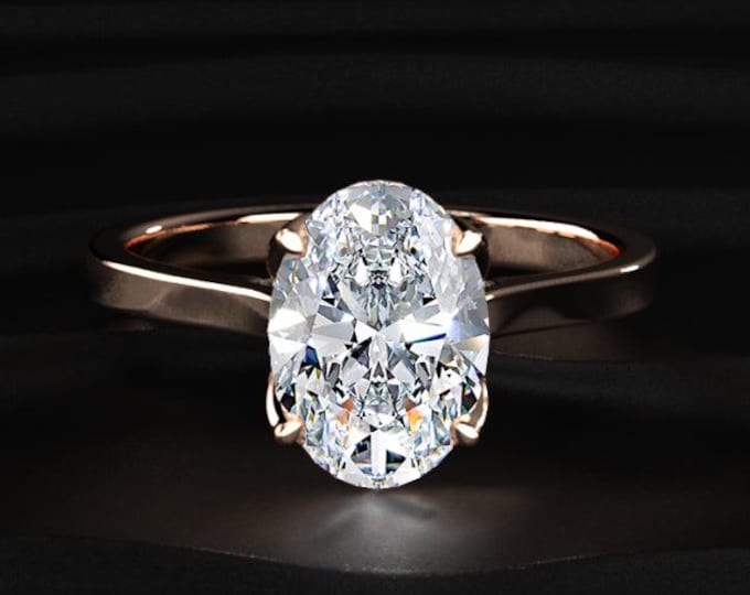 Oval Cut Lab Grown Diamond Hidden Halo Engagement Ring, 14K Solid Gold Solitaire Bridal Ring, Wedding Ring, Anniversary Gift for Her
