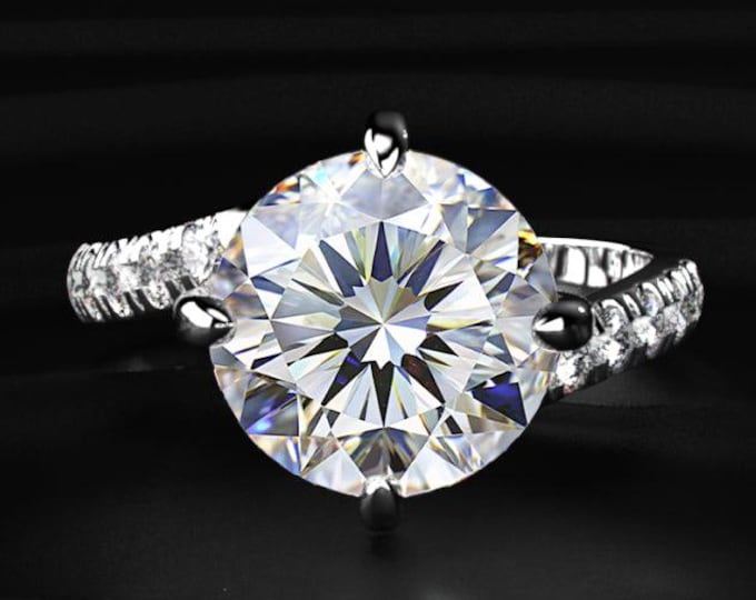 Round Cut Lab Grown Diamond Engagement Ring, Pave Band Diamond Ring, Hidden Halo Style Solitaire Ring, White Gold Bridal Ring Gift