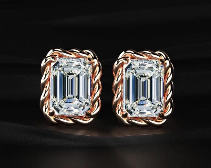 Emerald Cut Diamond Stud Earrings Rope Halo Lab Grown Diamond Studs Rose Gold Earrings Designer Luxury Gift for Her