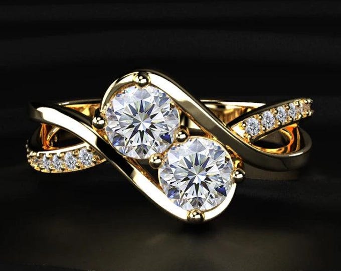 2.00TCW Round Lab Grown Diamond Ring, Double Stone Infinity Ring, Twist Pave Band Engagement Ring, Unique Bridal Jewelry