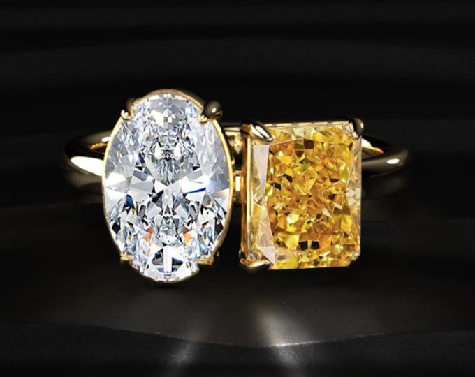 Toi Et Moi Diamond Ring Oval and Radiant Cut, Lab Grown Diamond Engagement Ring, Two Stone Yellow Diamond Ring Gift for Her