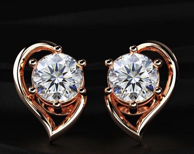 Open Heart Diamond Earrings Round Lab Grown Diamond Stud Earrings Rose Gold Minimal Heart Jewelry Gift for Her Anniversary Gift