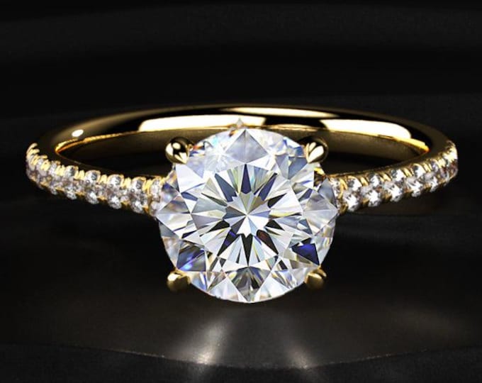 2CT Round Cut Lab Grown Diamond Ring, Pave Band Engagement Ring, Hidden Diamond Detail Ring, 14K Gold Bridal Ring