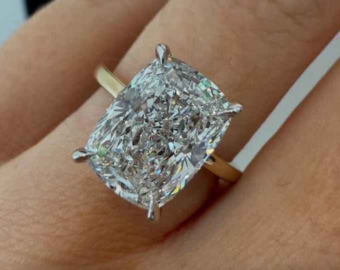 4 CT Cushion Cut Moissanite Engagement Ring, 14K Solid Gold, Classic Solitaire Four Prong Ring in Yellow Gold, Timeless Bridal Jewelry