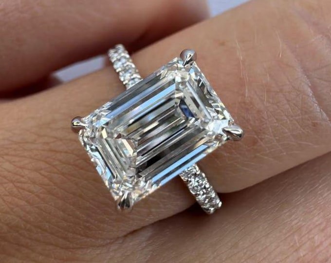 3 CT Emerald Engagement Ring Moissanite Diamond Hidden Halo Ring Elongated Anniversary Ring Claw Prong Ring Diamond Proposal Ring