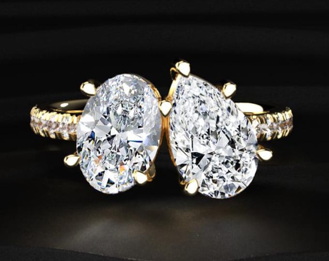 Toi Et Moi Diamond Ring Oval and Pear Cut, Lab Grown Diamond Engagement Ring, Two Stone Pave Band Gold Ring Anniversary Gift