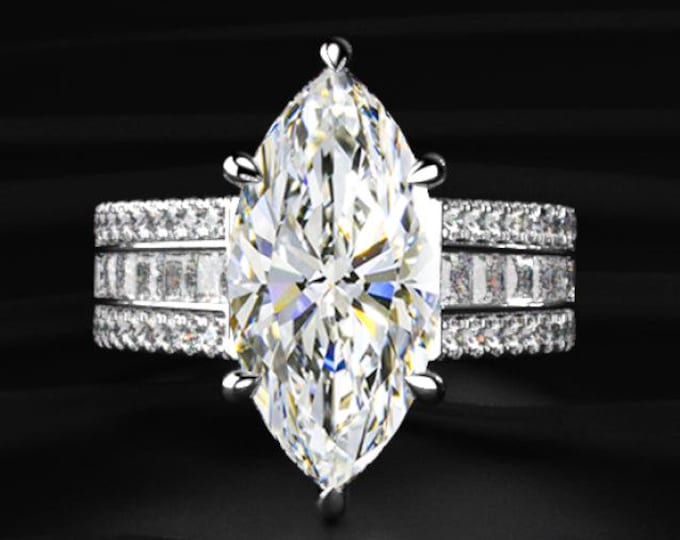 4.00CT Marquise Cut Lab Grown Diamond Ring, Thick Multi Row Band, Pavé Engagement Ring, Luxury Statement Bridal Ring