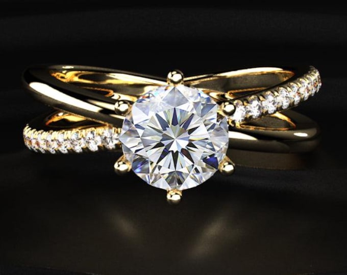 Round Cut Lab Grown Diamond Engagement Ring, Pave Band Diamond Ring, Hidden Halo Style Solitaire Ring, White Gold Bridal Ring Gift