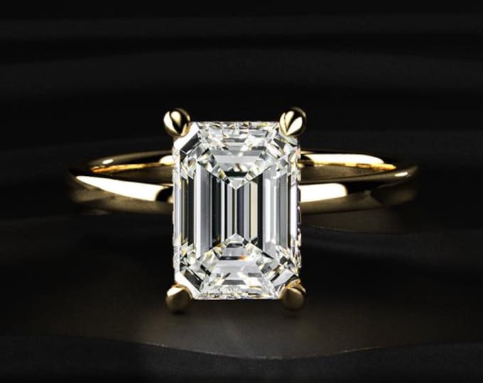 Emerald Cut Lab Grown Diamond Double Halo Engagement Ring, Hidden Halo Bridal Ring, 14K Solid Gold Wedding Ring, Anniversary Gift for Her