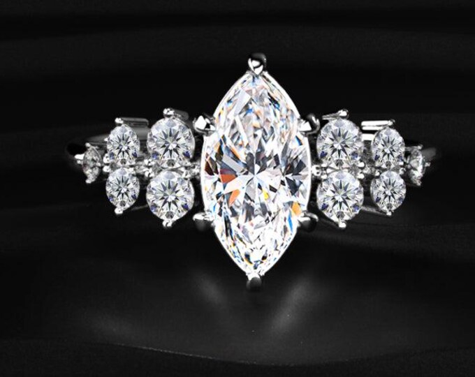 Marquise Cut Lab Grown Diamond Engagement Ring, Floral Cluster Diamond Ring, Vintage Style Marquise Ring, White Gold Bridal Gift