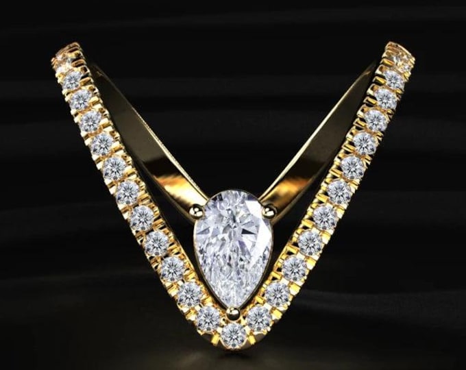 Pear Cut Lab Grown Diamond Engagement Ring, V Shape Split Shank Pave Ring, 14K Solid Gold Bridal Ring, Anniversary Gift for Her