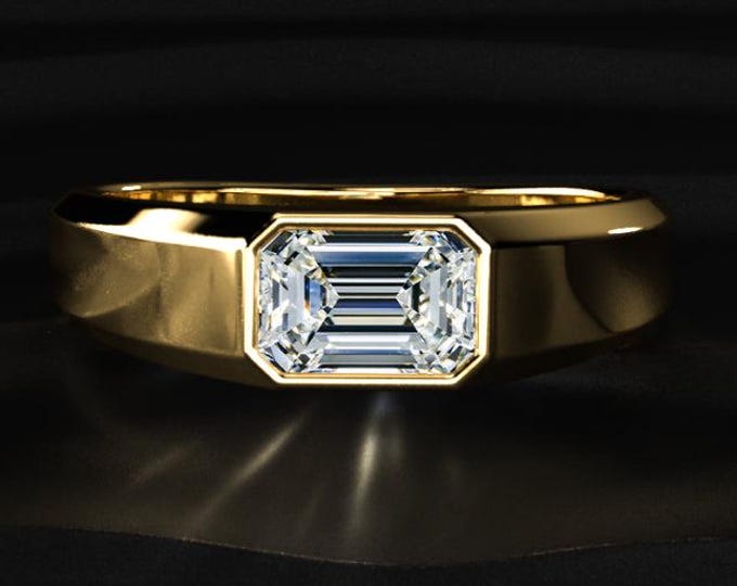 Mens Emerald Cut Diamond Ring 2CT Lab Grown Diamond Ring, Bezel Set Mens Engagement Ring, Gold Statement Ring For Men