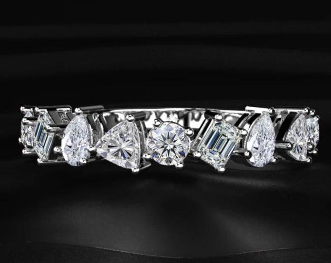 Mixed Shape Diamond Wedding Band, Pear Round Emerald Diamond Ring, Lab Grown Diamond Band, Unique Eternity Ring, Bridal Gift