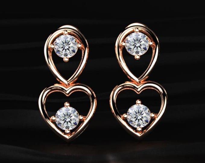 Open Heart Diamond Earrings Round Lab Diamond Drop Earrings Minimal Gold Romantic Gift Jewelry for Women