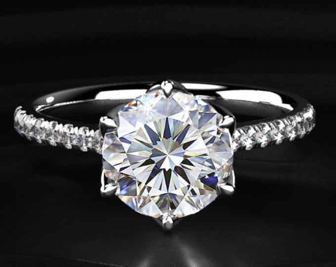 Round Cut Diamond Engagement Ring, Pave Band Ring, Lab Grown Diamond Ring, Hidden Halo Floral Ring, Gold Bridal Ring