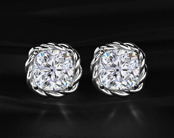 Cushion Cut Diamond Stud Earrings Twisted Halo Rope Setting Lab Grown Diamond Studs White Gold Earrings Gift for Her