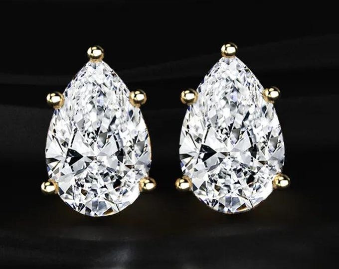 4TCW Pear Lab Grown Diamond Stud Earrings 14K Gold Diamond Studs Bridal Wedding Earrings Gift for Her Fine Jewelry