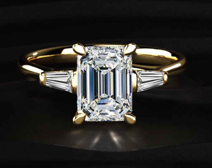 Emerald Cut Diamond Engagement Ring, Trapezoid Side Stone Ring, 3 Stone Gold Ring, Prong Set Lab Grown Diamond Ring