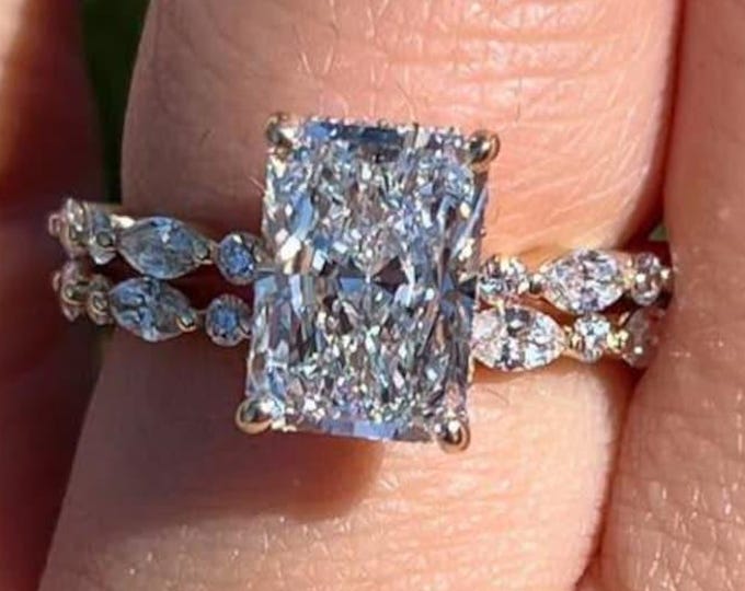 3 CT Radiant Cut Moissanite Diamond Engagement Ring , Solitare Diamond With Pave Wedding Band, Bridal Ring Set, Anniversary Gift For Her