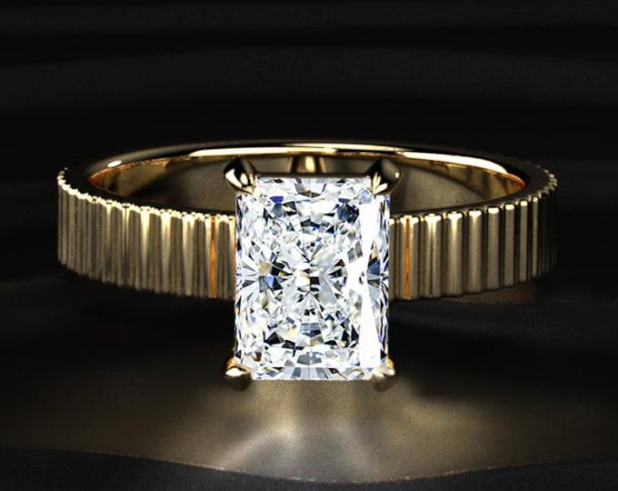 Radiant Cut Lab Grown Diamond Engagement Ring, Ribbed Band Gold Ring, Unique Vintage Style Diamond Ring, Luxury Solitaire Ring Gift
