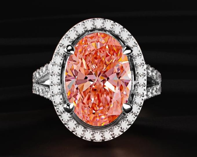 6CT Oval Pink Diamond Ring, Halo Engagement Ring, Split Shank Diamond Ring, Lab Grown Pink Diamond, Luxury Statement Jewelry Gift