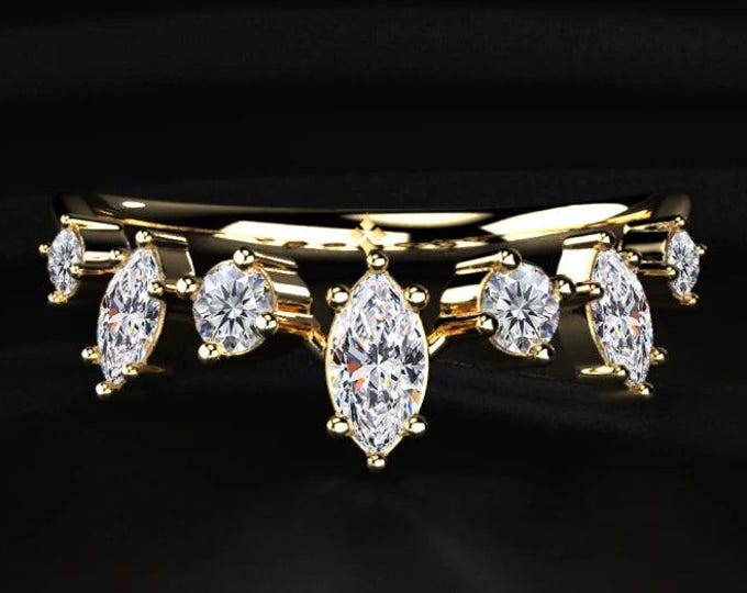 Marquise Diamond Wedding Band, Cluster Diamond Ring, Lab Grown Diamond Ring, Unique Bridal Band, Anniversary Gift For Her