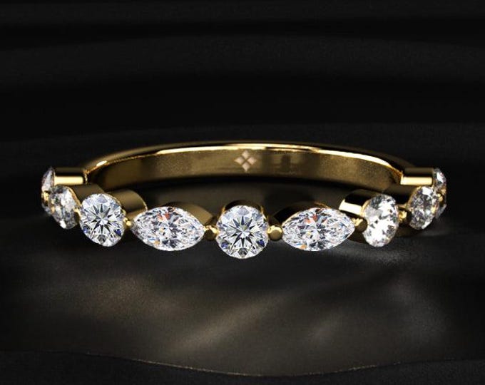 Alternating Diamond Ring, Round & Marquise Diamond Band, Lab Grown Diamond Ring, Minimal Wedding Band, Dainty Gold Ring Gift
