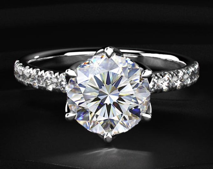 Round Cut Diamond Engagement Ring, Lab Grown Diamond Ring, Pave Band Ring, Hidden Floral Gallery Ring, Gold Bridal Ring Gift