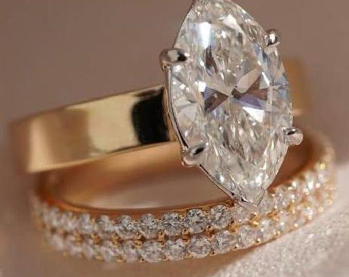 4 CT Marquise Moissanite Ring & Wedding Band Wedding Ring Set, Moissanite Solitaire Marquise Engagement Ring Set, Bridal Set 14K Solid Gold