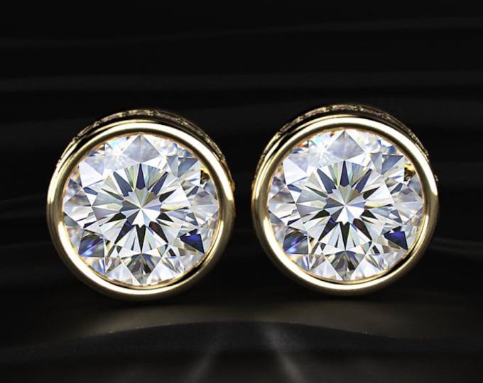 10TCW Round Diamond Stud Earrings Bezel Set Lab Grown Diamond Earrings Large Diamond Studs Luxury Gold Jewelry Gift