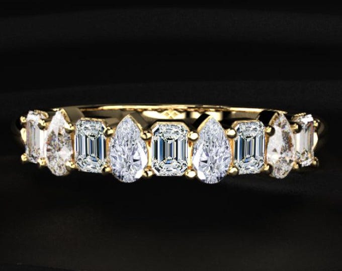 Pear and Emerald Cut Diamond Wedding Band, Lab Grown Diamond Ring, Mixed Cut Eternity Band, Unique Bridal Band, Gift For Her