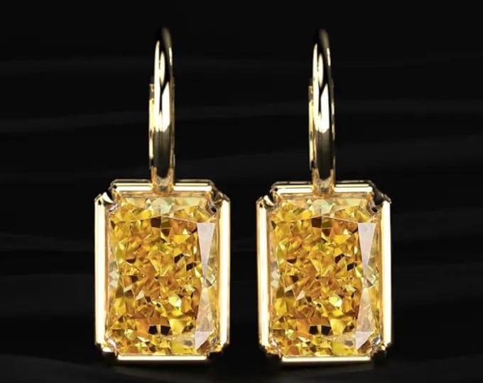 Radiant Cut Yellow Diamond Hoop Earrings Lab Grown Fancy Yellow Diamond Drop Earrings Gold Hoop Earrings Gift for Her