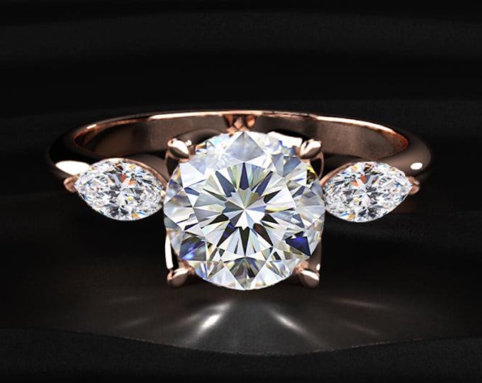 Round Cut Lab Grown Diamond Engagement Ring, Marquise Side Stone Ring, Three Stone Diamond Ring, Rose Gold Bridal Ring Gift for Her