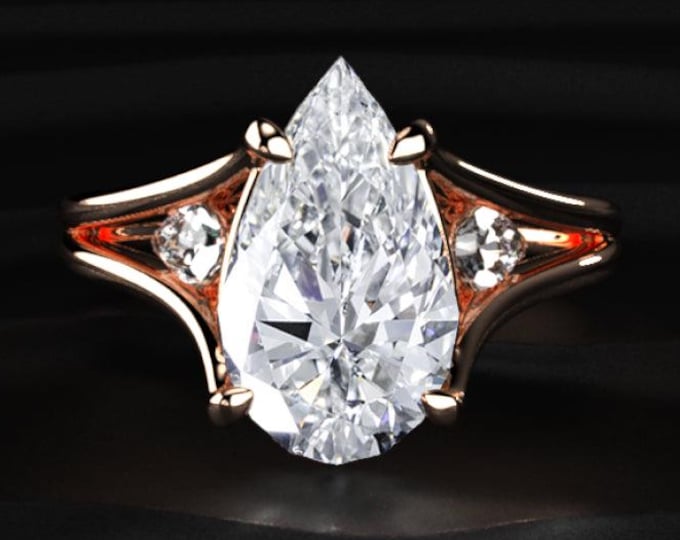 Pear Shape Diamond Engagement Ring, Split Shank Ring, Side Stone Diamond Ring, Rose Gold Bridal Ring, Lab Grown Diamond Ring